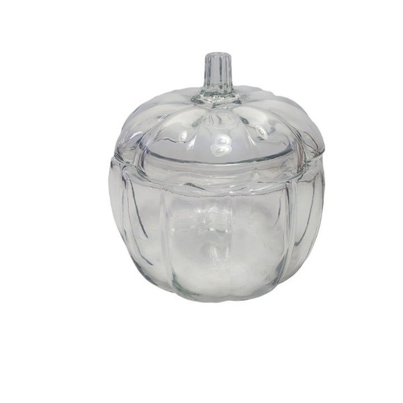 Vintage Anchor Hocking Clear Glass Pumpkin Candy Cookie Jar With Lid - Picture 1 of 4